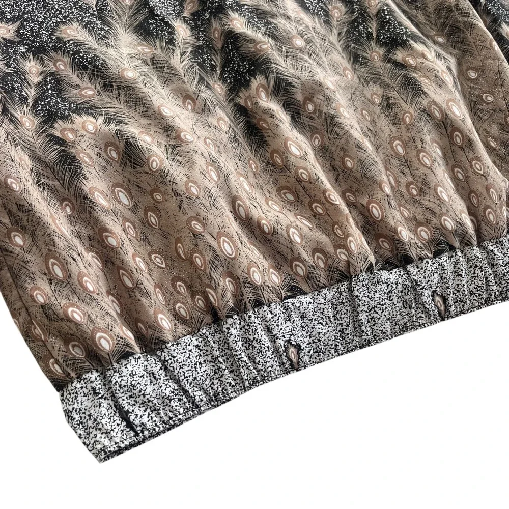 Valentina OS Black Tan Metallic, Peacock Ostrich Feather Print Bomber Jacket VTG